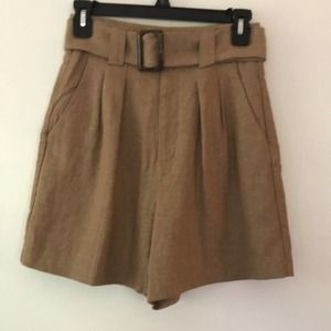 NWT NA-KD Linen Blend High Rise Tan Herringbone Pattern Dressy Shorts Belt Sz 2